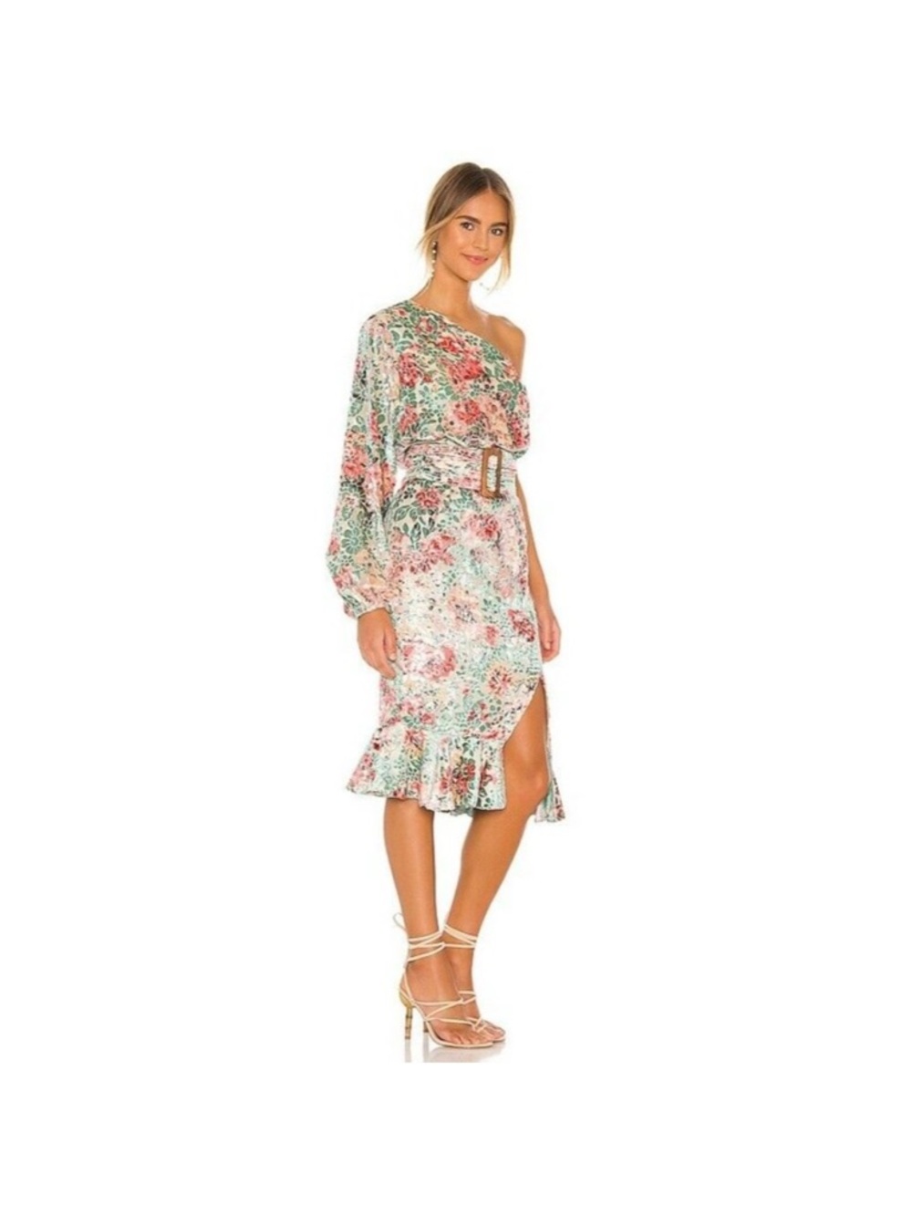 Hemant & Nandita Olivia One-Shoulder Floral Ruffle Midi Dress NWT no belt